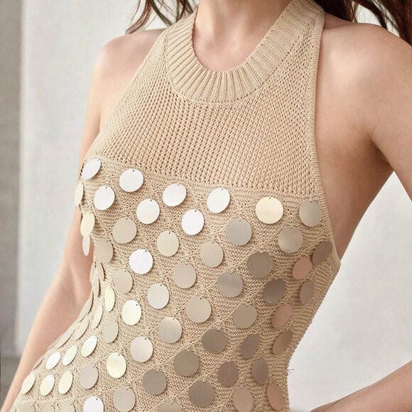 Apricot Elegant Women's Sequin Slim Fit Sweater Dress - Picture 4 of 5